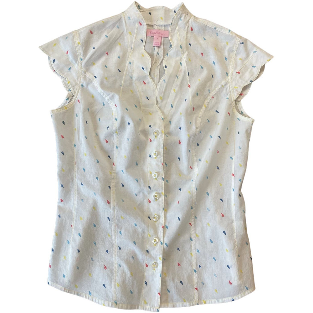 Lilly Pulitzer Cap Sleeve Scalloped Neck Woven Shirt White Fish - Women's - 4